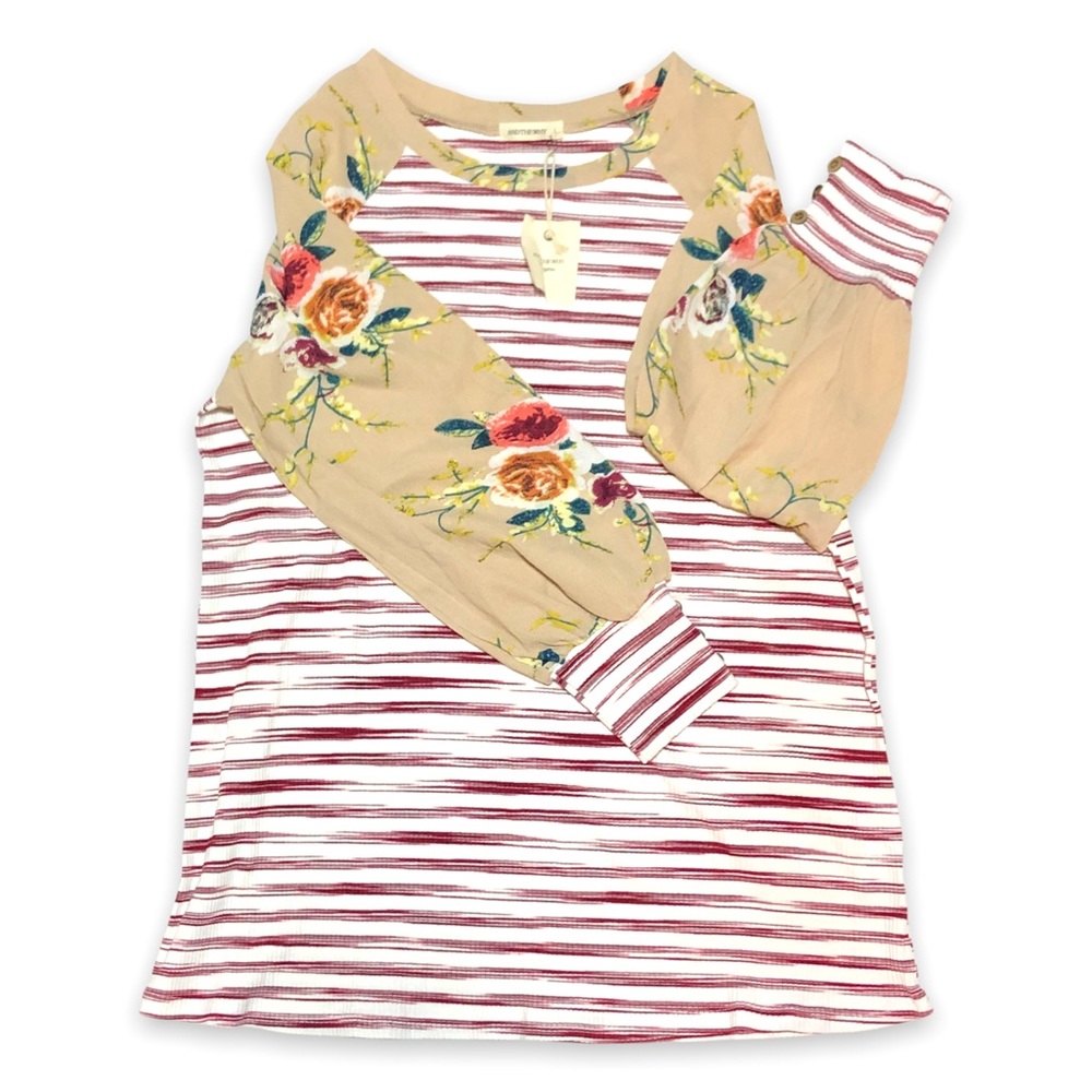 NWT AndTheWhy Floral Striped Top, Sz L